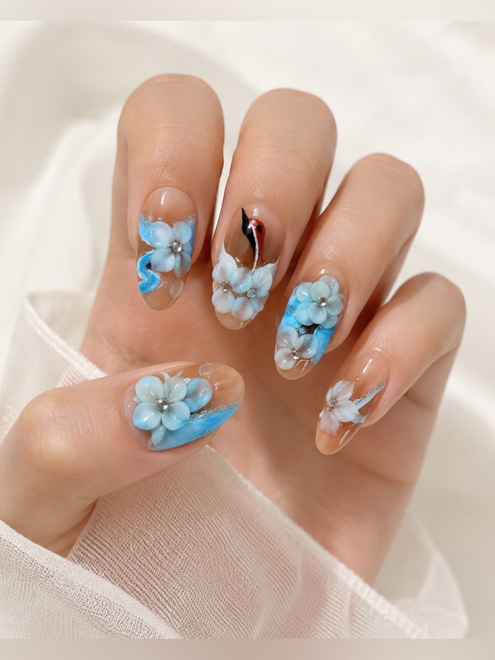 Size S Blue 3D Floral Press On Nails | Handmade Nude Fairycore Nail Set
